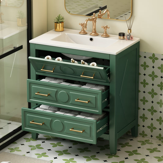 30   Bathroom Vanity With Ceramic Sink Combo, Free Standing Single Vanity Set With 3 Drawers, Solid Wood Frame Bathroom Storage Cabinet, Green