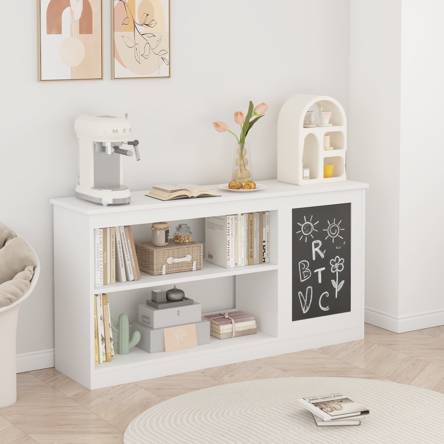 3-in-1 Kids Bookshelf And Toy Storage Cabinet With Chalkboard  Modern White Organizer For Playroom