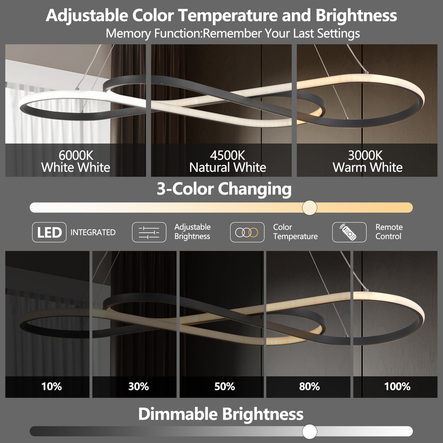 39 Modern LED Pendant Light, Infinity Design Hanging Ceiling Fixture, Adjustable Height, Dimmable For Living Room, Dining Room, Bedroom, Black Finish