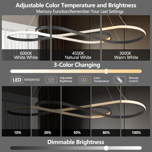 39 Modern LED Pendant Light, Infinity Design Hanging Ceiling Fixture, Adjustable Height, Dimmable For Living Room, Dining Room, Bedroom, Black Finish