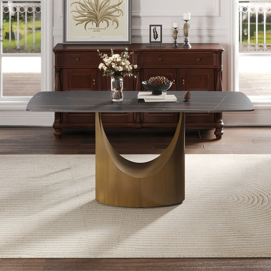 63  Modern Artificial Stone Curved Black Panel Bronze Iron Metal Legs-Can Accommodate 6-8 People