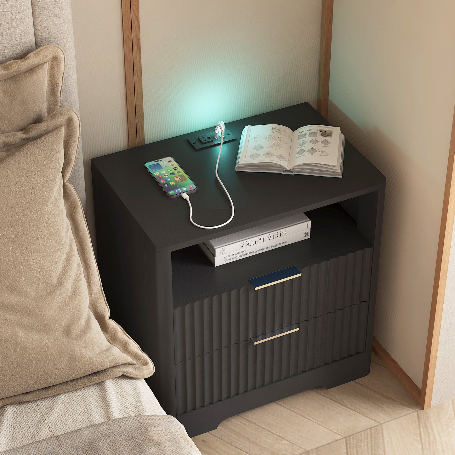 Nightstand With Charging Station, Smart Nightstand With Night Light,Bedside Tables With Storage Cabinet For Bedroom,Black