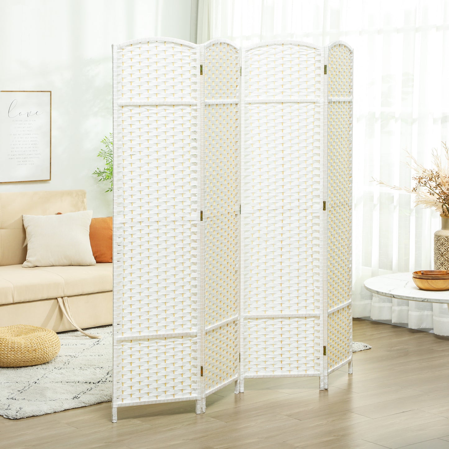 Folding Room Divider Screen 4 Panel 5.6 ' Tall Privacy Screen Freestanding Room Partition For Home Office, White