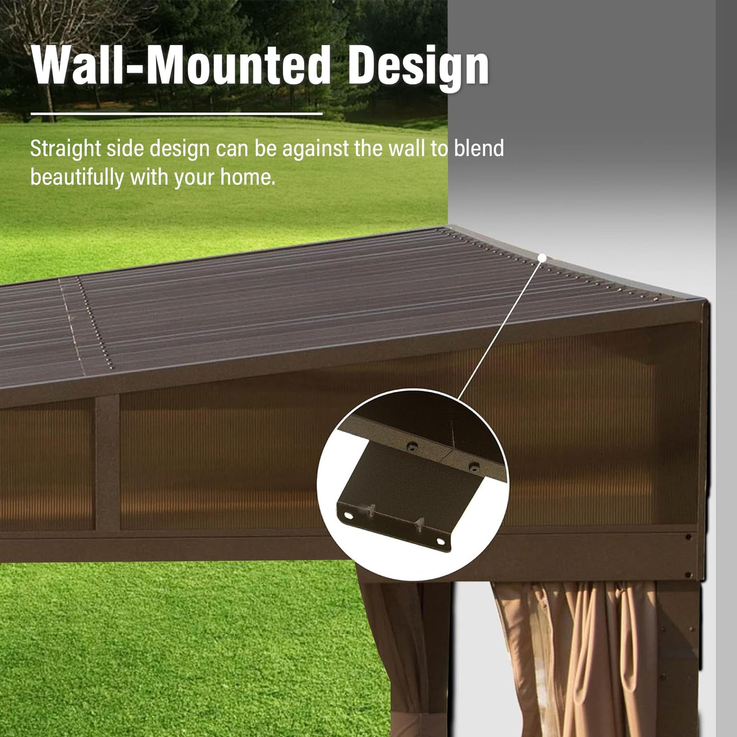 10x14FT Lean To Hardtop Gazebo With Gutters, Outdoor Wall Mounted Gazebo With Metal Roof