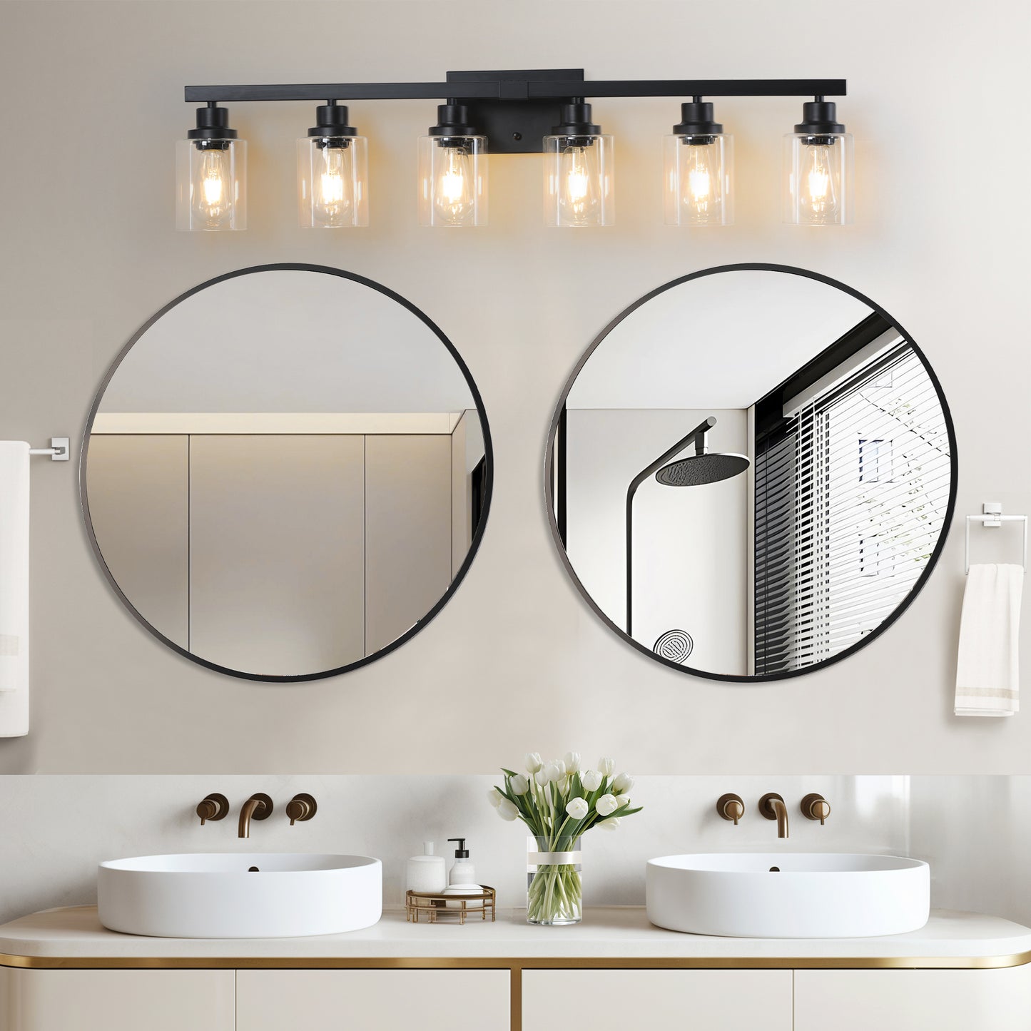 37  Modern 6-Light Bathroom Vanity Light Fixture - Black Finish With Clear Glass Shades, Perfect For Bathroom, Vanity, And Dressing Area Lighting  No Bulbs