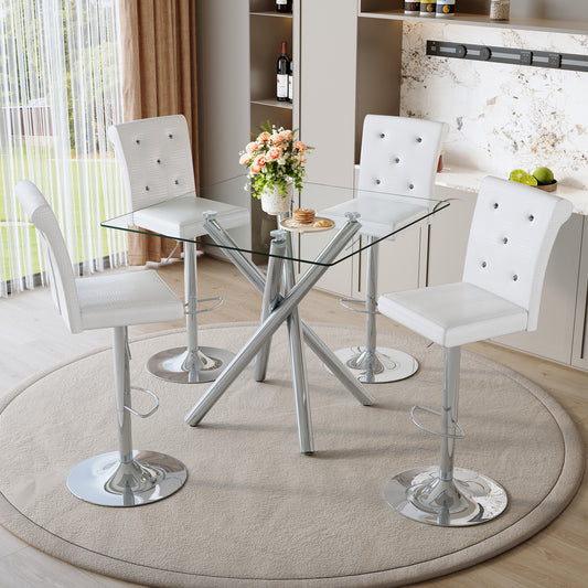 Modern Glass Bar Table And Adjustable Bar Stools Set Of 2, Contemporary Counter Height Pub Table With Chrome Legs, White PU Leather Swivel Bar Chairs For Kitchen Island, Home Bar, Small Space