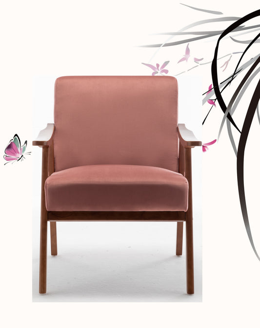 Accent Chair With Velvet Upholstery And Solid Wood Frame, Classic Mid-Century Modern Living Room Furniture For Extra Seating, Rose