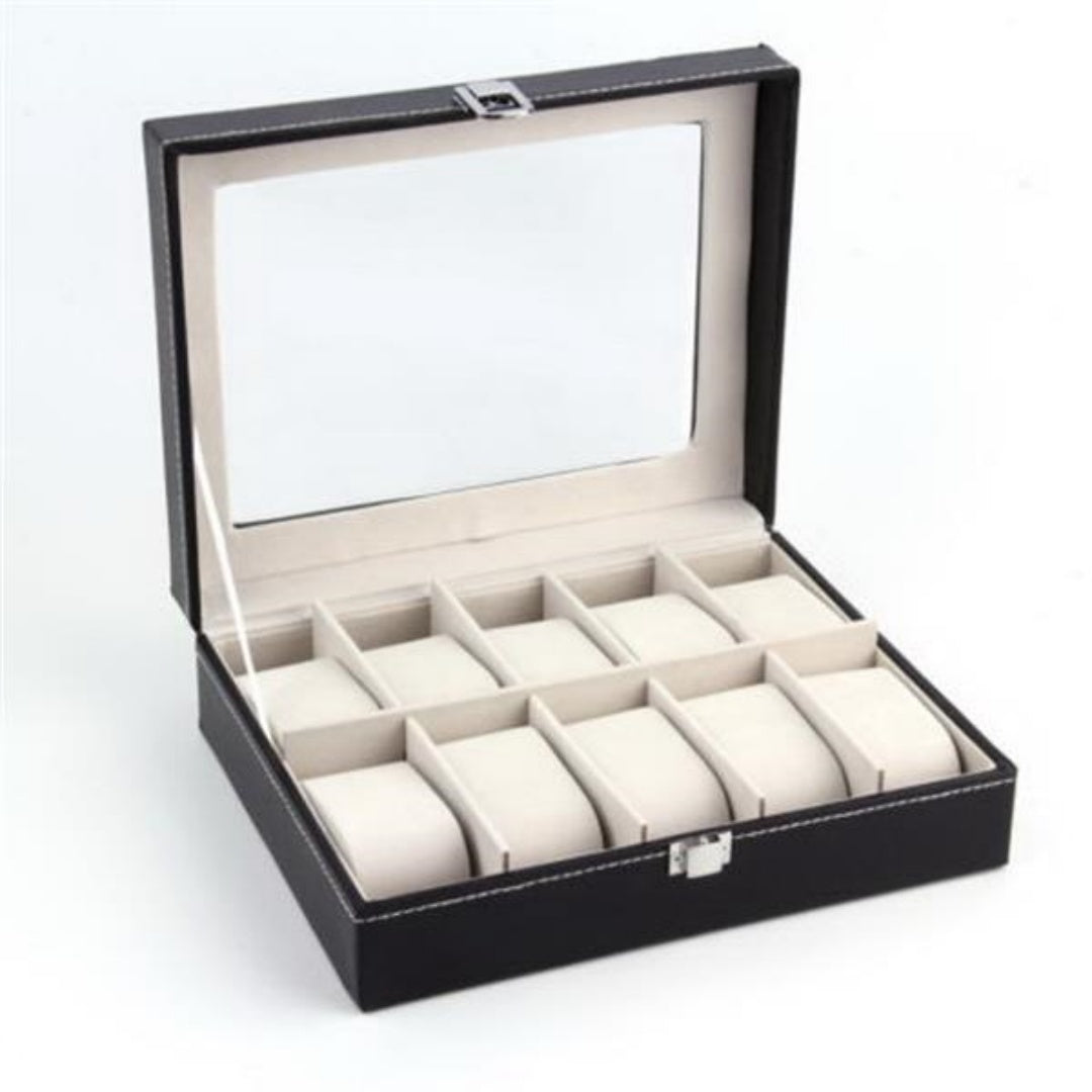10 Compartments High-grade Leather Watch  Storage Box Black