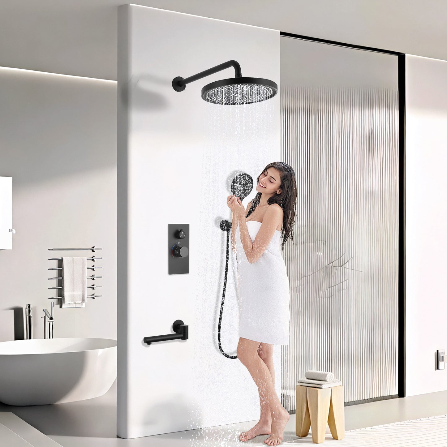 Luxury 3-Function Shower System Set - Solid Brass Control Valve, 10  Overhead Shower, 3-Spray Handheld, With Bathtub Spout