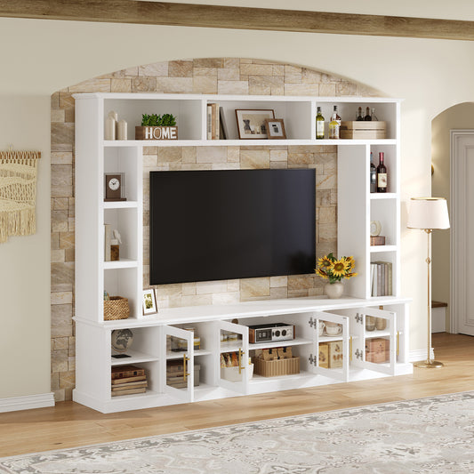 Entertainment Center Wall Unit For TVs Up To 80  , All-in-One Modern Entertainment Center With Bookshelves & Tempered Glass Doors, TV Console Unit With Shelving For Living Room, Entertainment