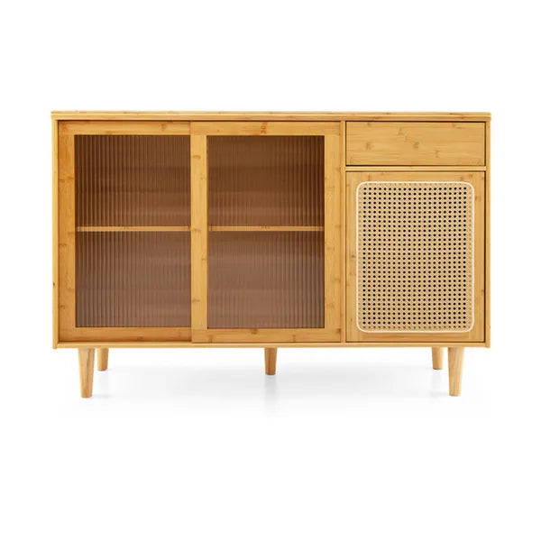 Natural Bamboo Sideboard Cabinet With Rattan Door, Sliding Door & Pull-Out Drawer, 5-Leg Rubber Wood Base