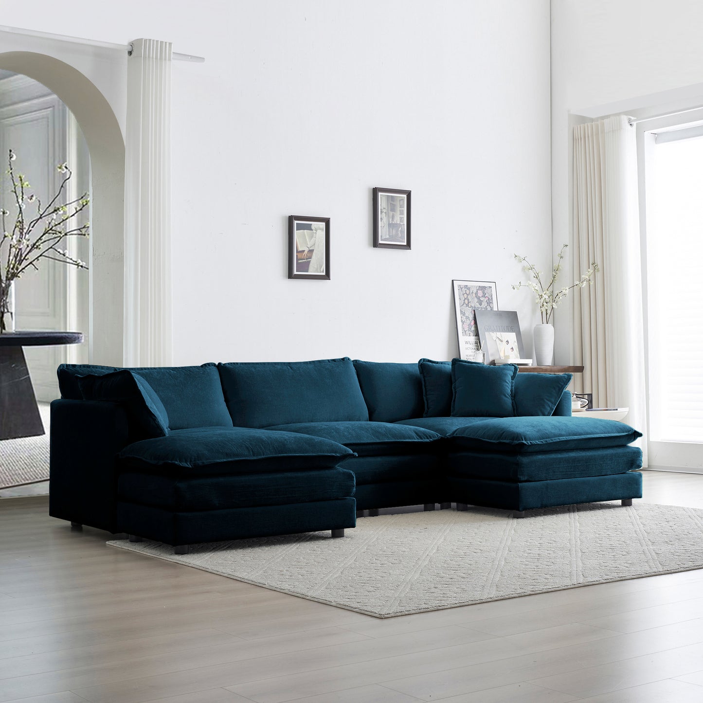 U-Shaped Sectional Sofa W Reversible Footrest, 5-Seater Convertible Corner Couch With 2 Ottomans ,Modern Minimalist Soft Sofa & Couch For Living Room , Blue Chenille