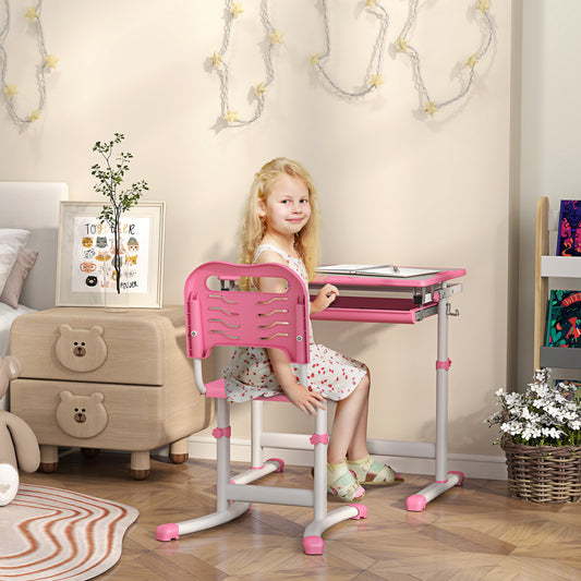 Height Adjustable Kids Desk And Chairs Set With Tilt Desktop, Storage Drawer, Pen Slot, Hook, Pink