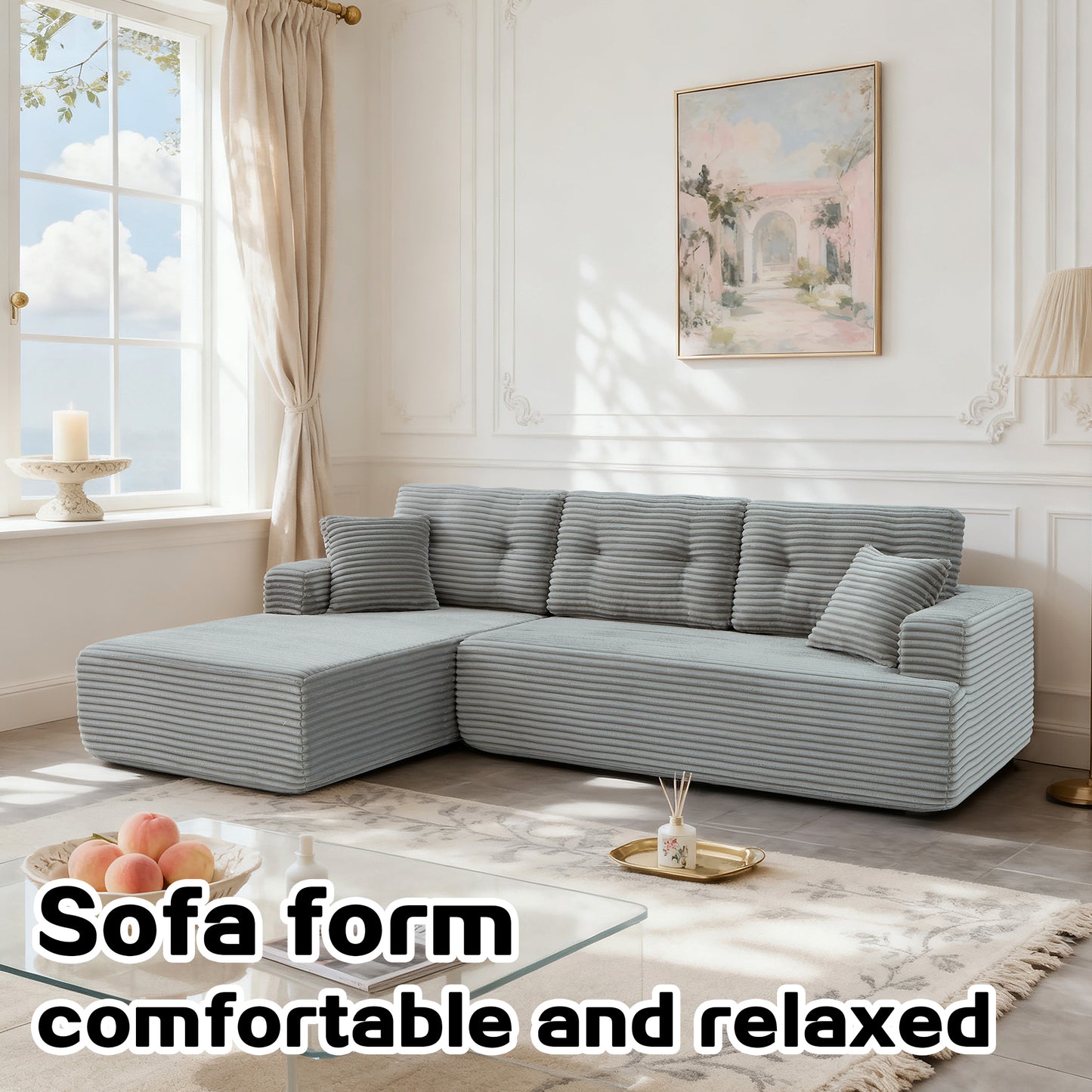Left-Facing Chaise,L Shape Modular Sectional Sofa, Compressed Sectional Sofa Modern Minimalist Style Corduroy Couch,Unfold Into A Bed, Bedroom, Comfy Compressed Sofa