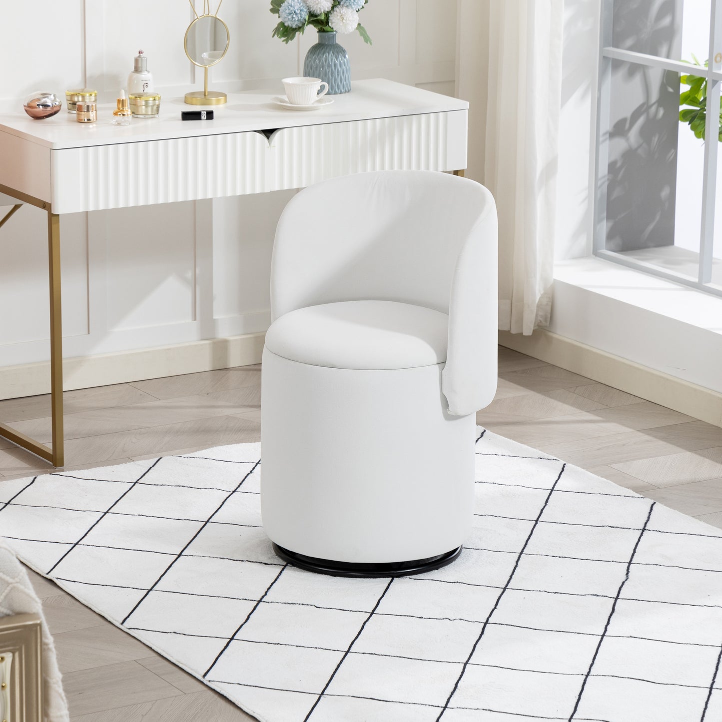 Stylish Upholstered Barrel Chair 360 Swivel Vanity Stool For Bedroom & Dining Chair, Built-in Storage, Soft Padded Accent Seat, Multi-Functional For Dressing Dining, Free Cat Bed Stool Included,