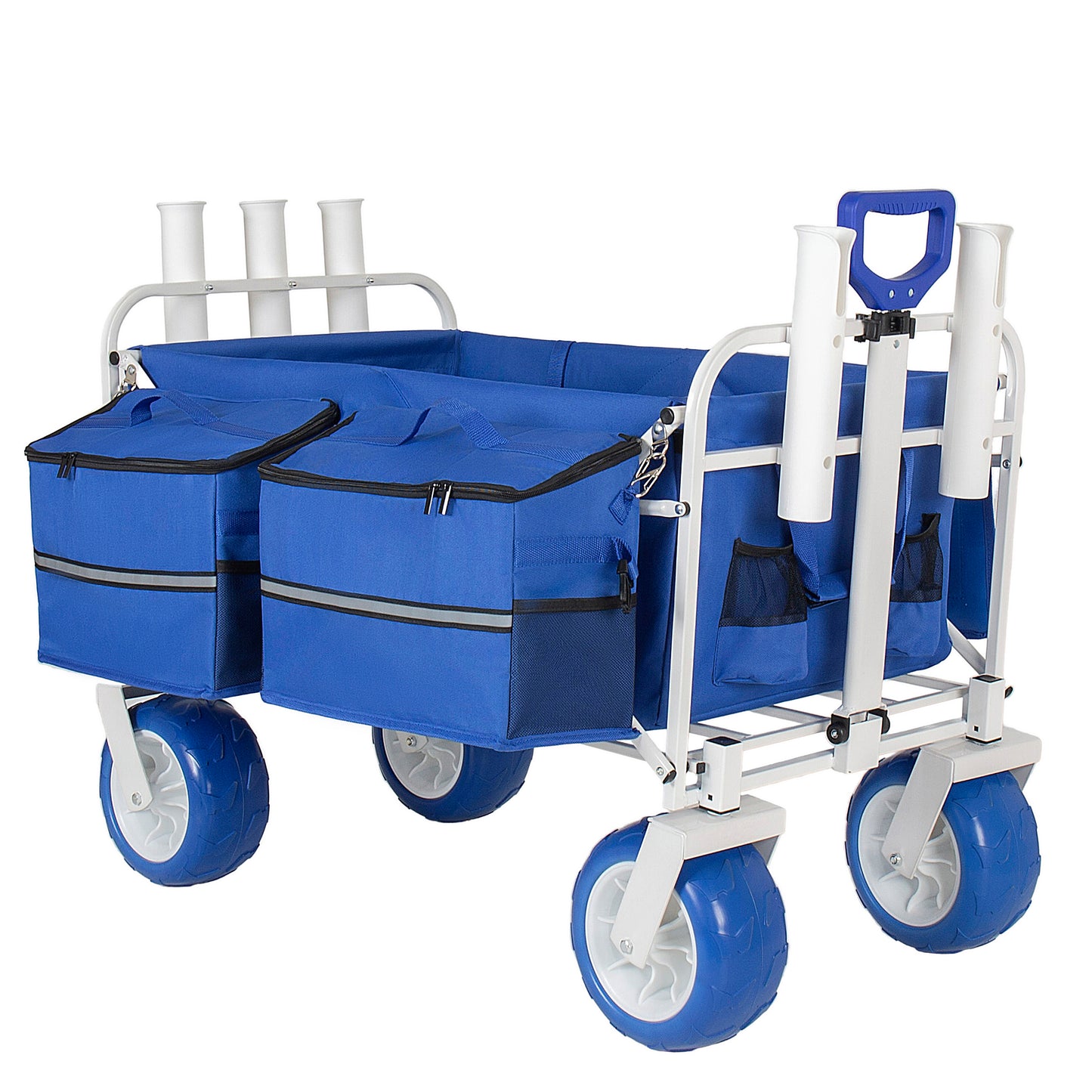 Beach Wagon Cart With Rod Holders And 9  All- Terrain Wheels  500lbs Heavy Duty Collapsible Folding Wagon  Adjustable Handle  Cooler & Storage Bags For Beach  Camping  Garden & Outdoor Sports  Blue