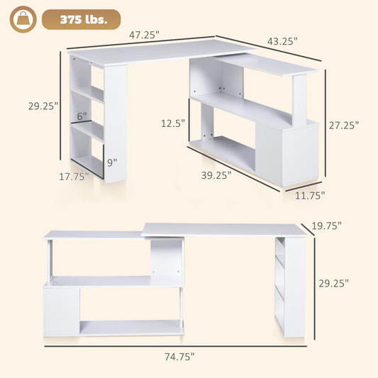 360° Rotating Home Office Desk L Shaped Corner Computer Desk With Storage Shelves, Writing Table Workstation, White