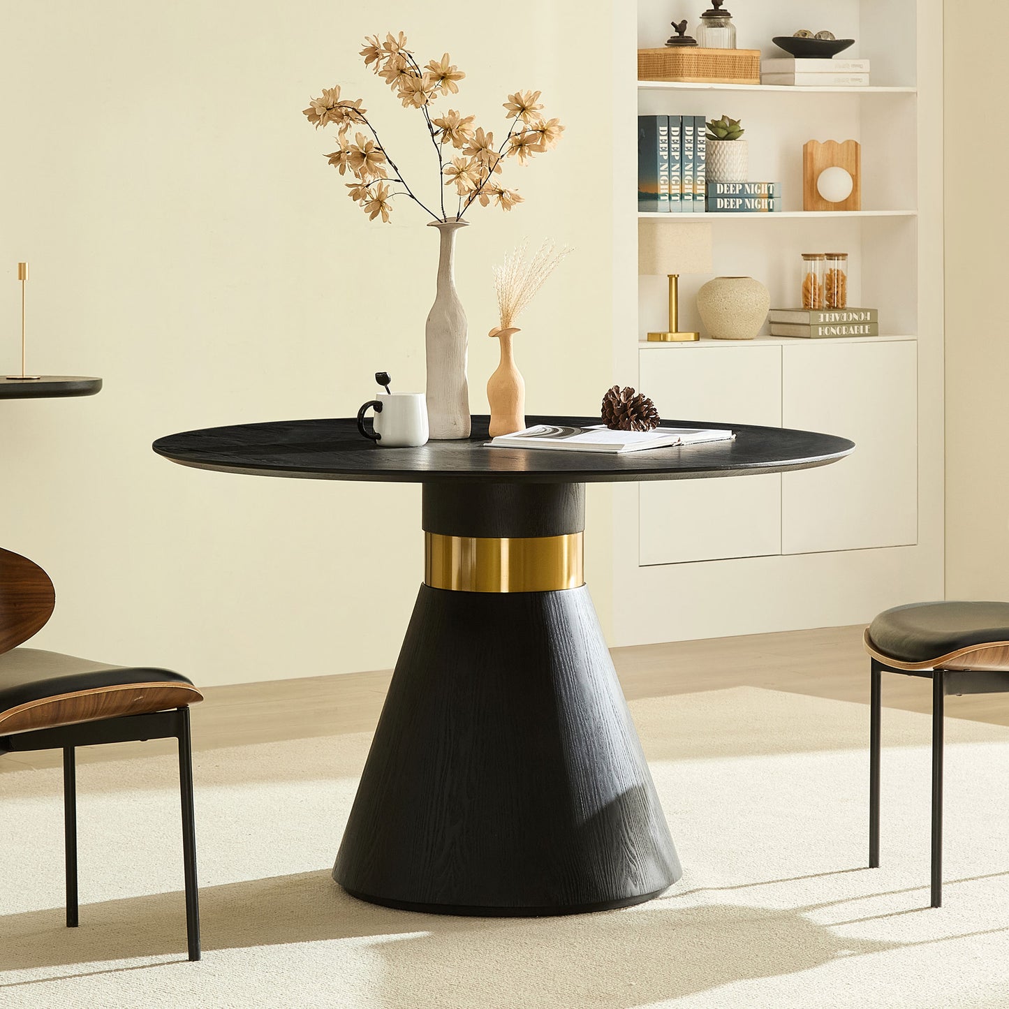 47.24   Round Dining Table Modern Kitchen Table Black Pedestal Base With Gold Trim Ring, Stylish Glam Dining Room Furniture