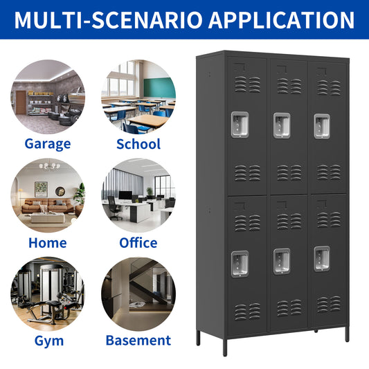 6 Door 72 H Metal Lockers With Lock For Employees,Storage Locker Cabinet For Home Gym Office School Garage,BLACK