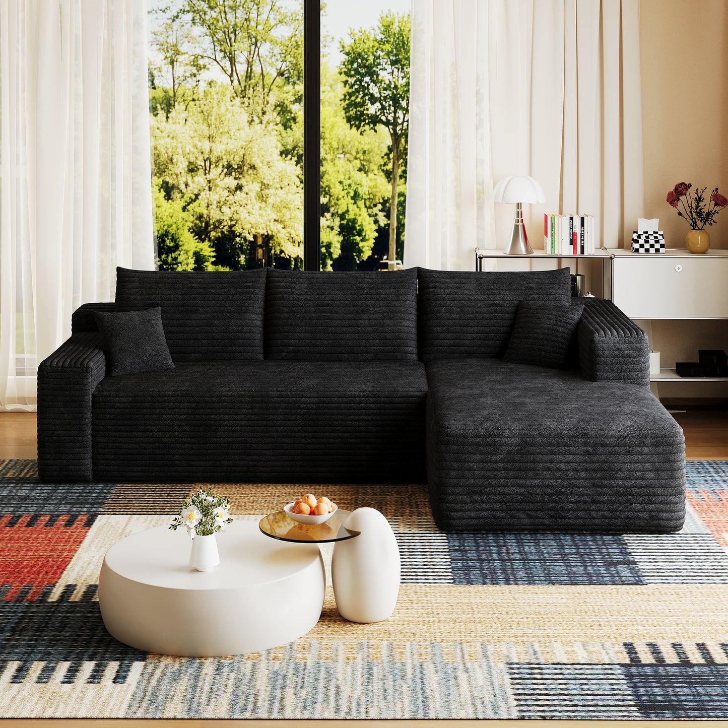 95  Cloud Sectional Sofa,Modern Minimalist Upholstered Couches, Comfort U Shaped Sofa For Living Room,Deep Seat Corner Couch,No Assembly Required,Black  Plush Corduroy Fabric