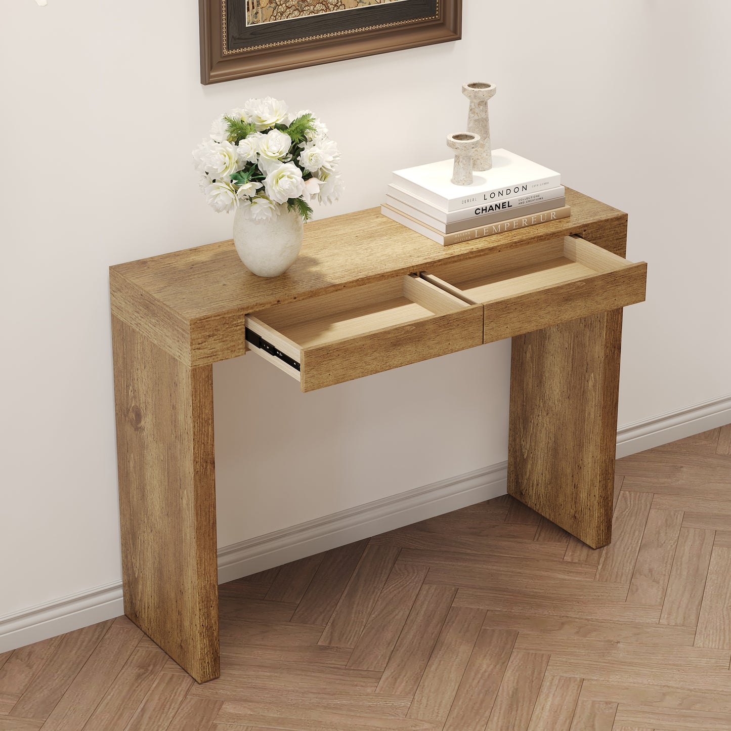 Elegant Natural Wood Grain Bar Table-50 Inches Long, A Practical Choice For Modern Homes.Wood Grain Texture Sticker,Equipped With Two Drawers.Serving As A Bar Table Or A Desk.