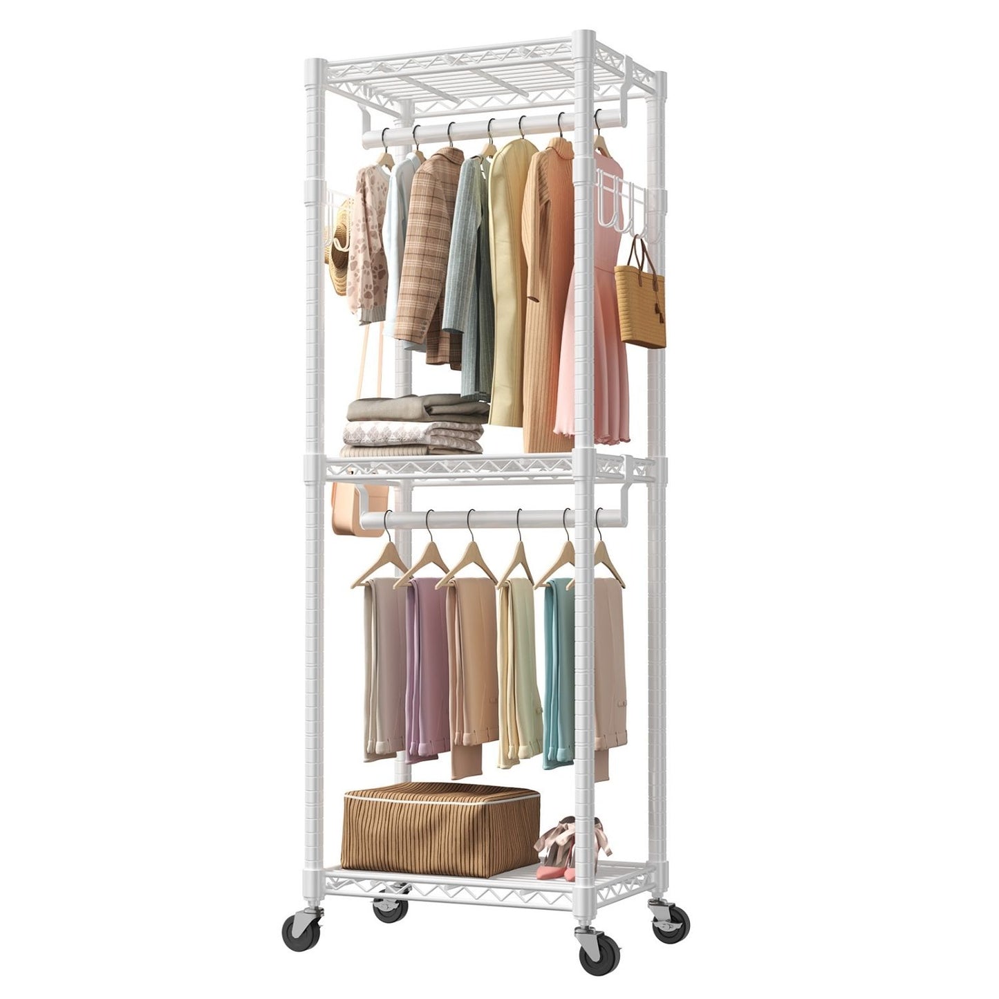 Adjustable Clothes Hanger, A Metal Movable Wall-mounted Hanger With Wheels, Used For Hanging Clothes, Equipped With 2 Side Hooks And 2 Rods