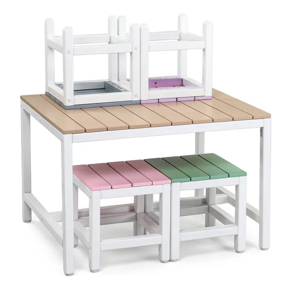 5-piece Children's Patio Table And Chair Set - 1 Table & 4 Stools, 29.5 Inches, Khaki, Pink, Purple, Blue, And Green Color Blocking, Made Of Poplar Wood