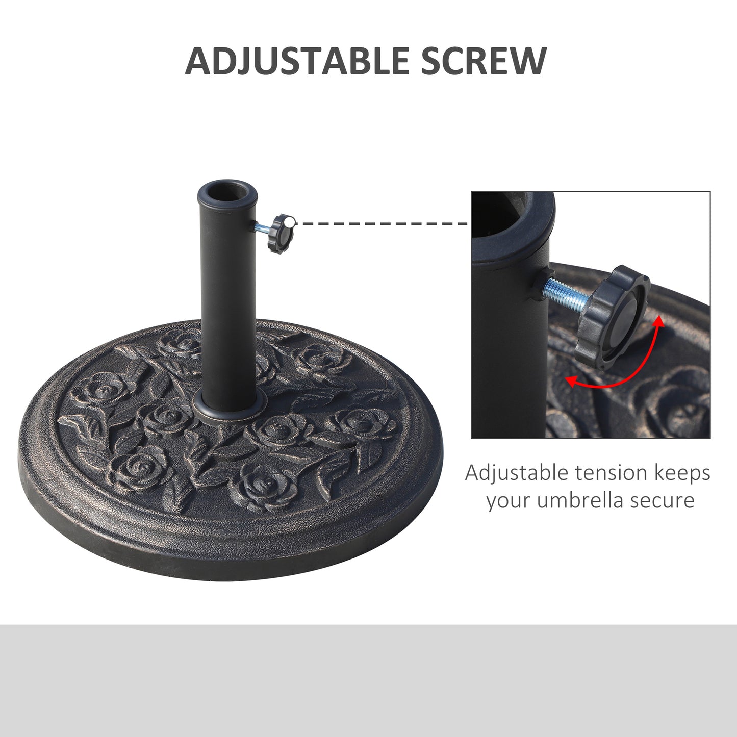 18" 20 Lbs Round Resin Umbrella Base Stand Market Parasol Holder With Decorative Rose Floral Pattern & Easy Setup, For Φ1.5", Φ1.89" Pole, For Lawn, Deck, Backyard, Garden, Bronze