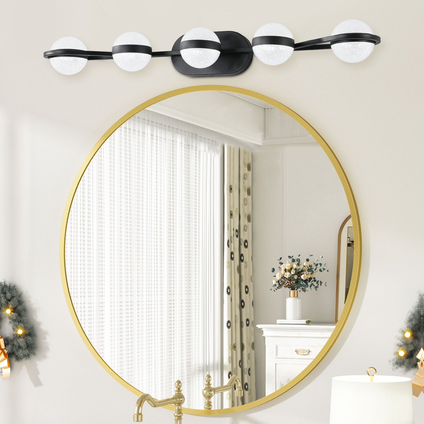35  Modern Minimalist Bathroom Vanity Light, LED 5 Bulb Crystal Sand Acrylic Shades, Wall Mounted Decorative Lighting Fixture, Suitable For Bathroom Vanity Mirror Black