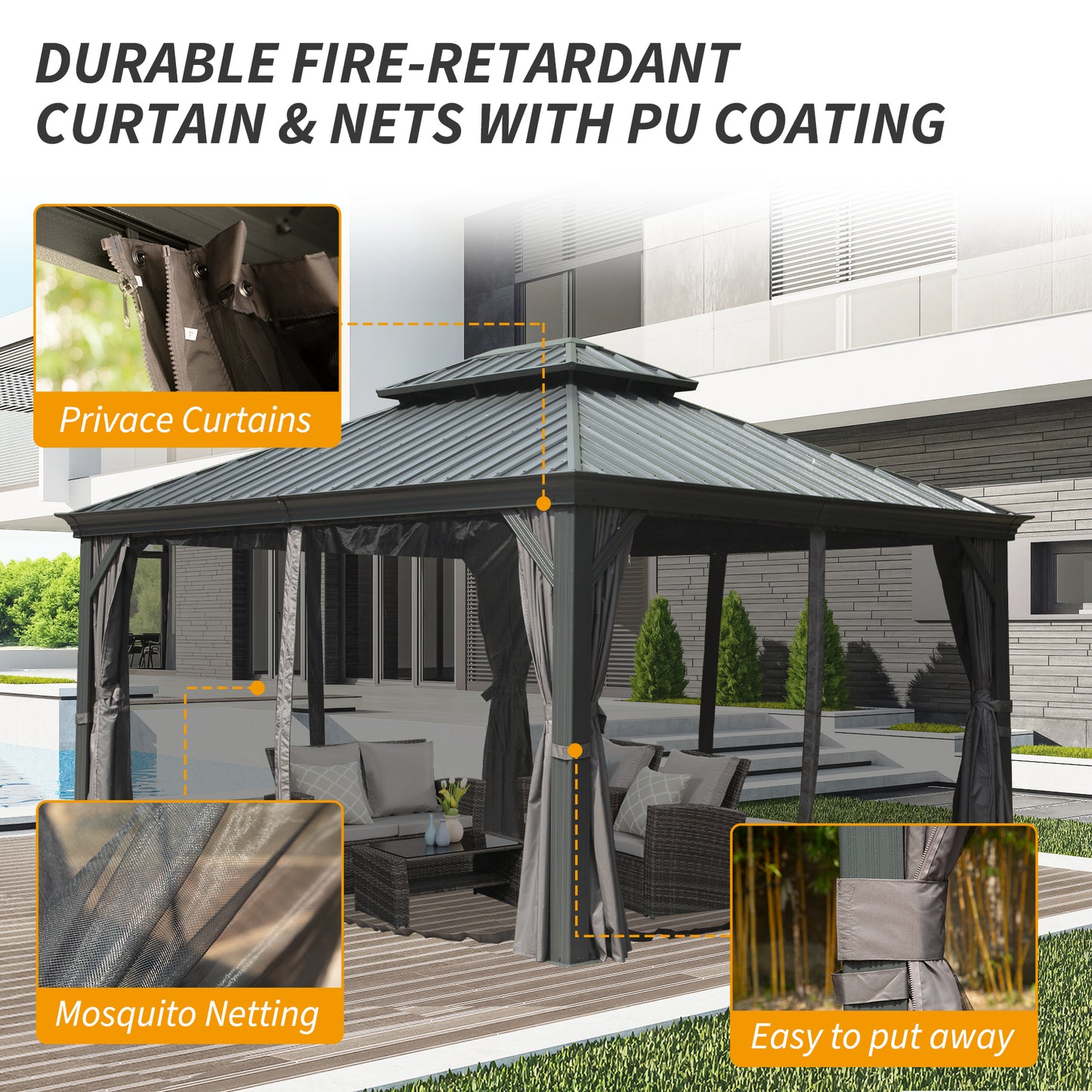 10  X 14  Hardtop Gazebo Permanent Outdoor Gazebo With Galvanized Steel Double Roof, Aluminum Frame, Curtains And Netting For Patio Lawn And Garden, Gray