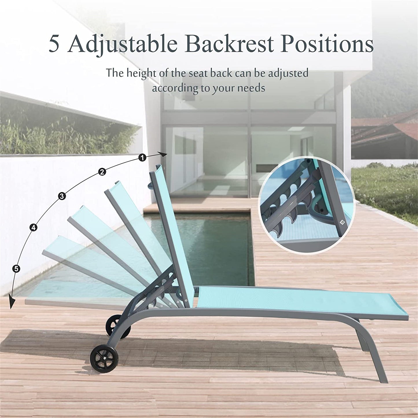 Chaise Lounge Outdoor Set Of 3, Lounge Chairs For Outside With Wheels, Outdoor Lounge Chairs With 5 Adjustable Position, Pool Lounge Chairs For Patio, Beach Lake Blue, 2 Lounge Chairs 1 Table