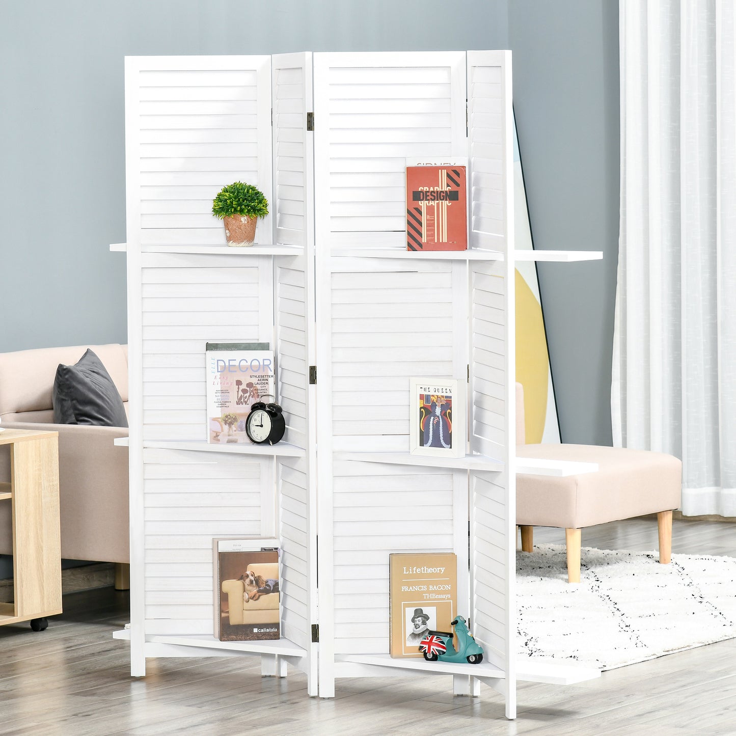 4 Panel 67" Tall Wood Privacy Screen Room Divider With 3 Shelves And Folding Storage For Bedroom, White