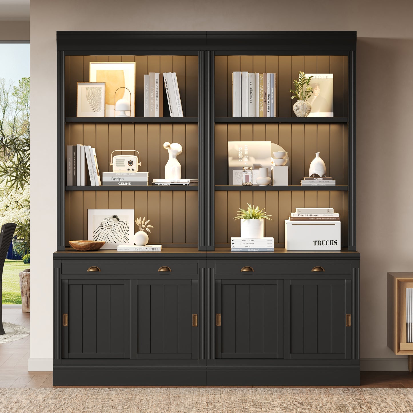 83.4Tall Bookshelf Suite With LED Lighting, Modern Bookcase Suite With Sliding Doors,Drawers And Open Shelves,Storage Bookshelf For Living Room,Home Office,Black