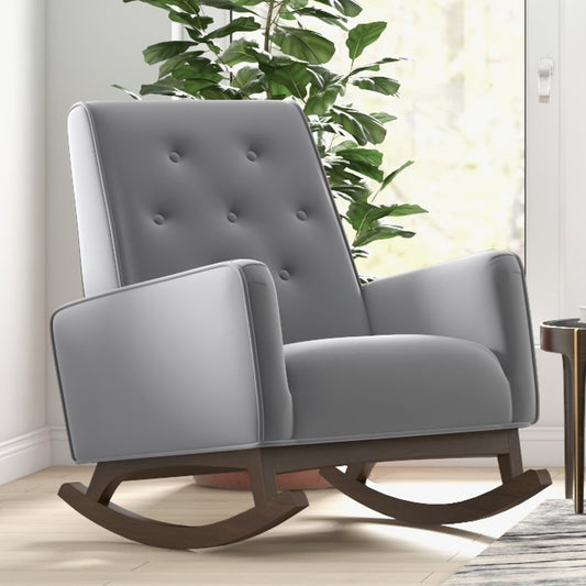Premium Demetrius Light Grey Fabric Solid Wood Rocking Chair For Living Room And Nursery 36.6  H X 27.5  W X 39  D Or Living Room Bedroom Reading