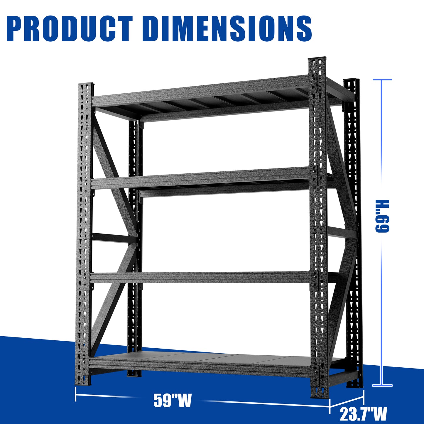Heavy Duty Metal Adjustable Garage Shelves, 4000LBS Storage Rack  69 H X 59 W X 23.6 D  Industrial Shelving Unit For Warehouse, Black