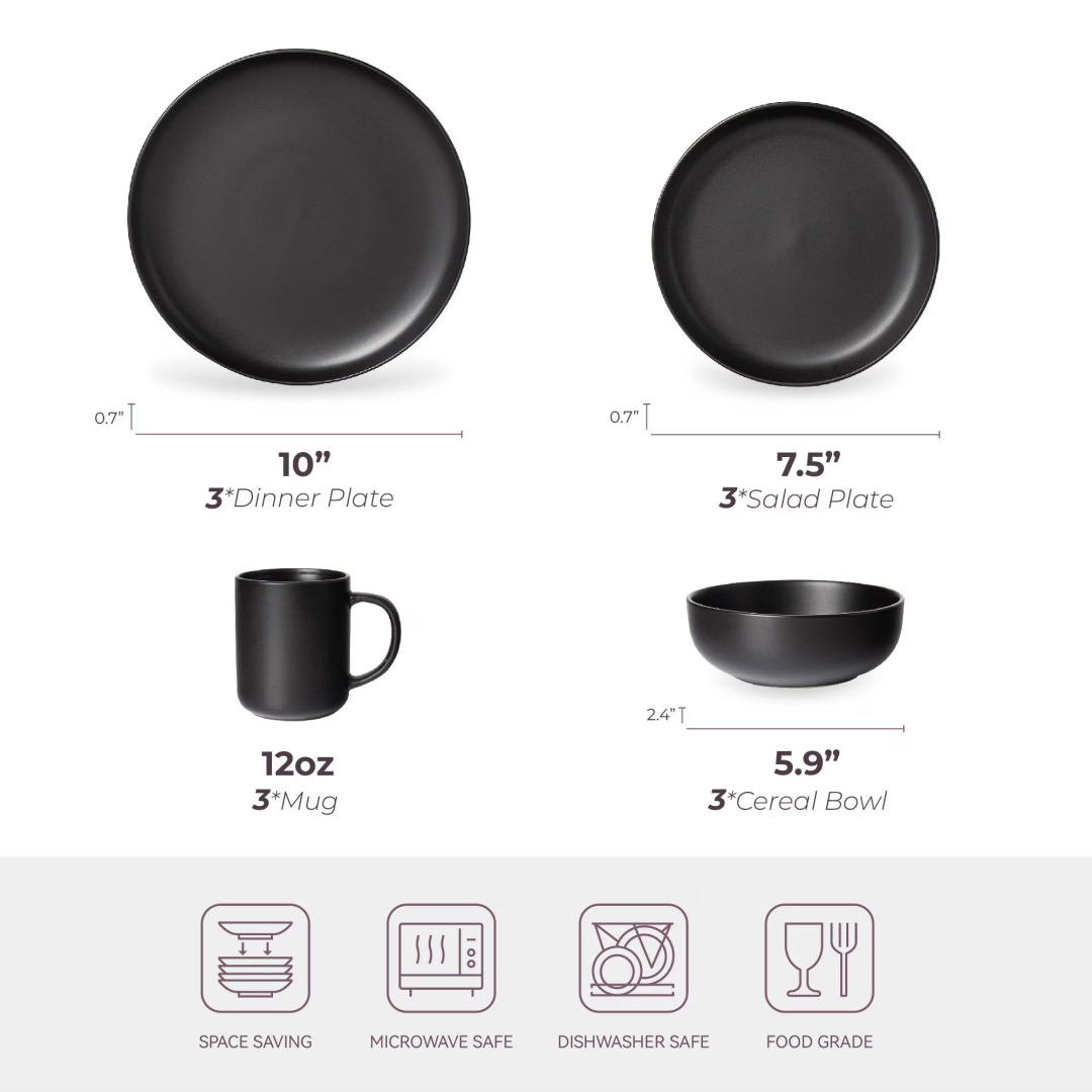 12-Piece Stoneware Dinnerware Sets With Mugs   Microwave & Dishwasher Safe    Non-Toxic Dinner Plates Bowls Set   Stackable Matte Glaze Kitchenware For 3,Black