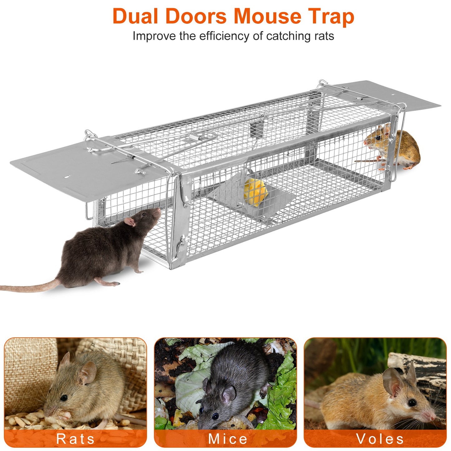1Pc Dual Door Rat Trap Cage Humane Live Rodent Dense Mesh Trap Cage Zinc Electroplating Mice Mouse Control Bait Catch With 2 Detachable U Shaped Rod