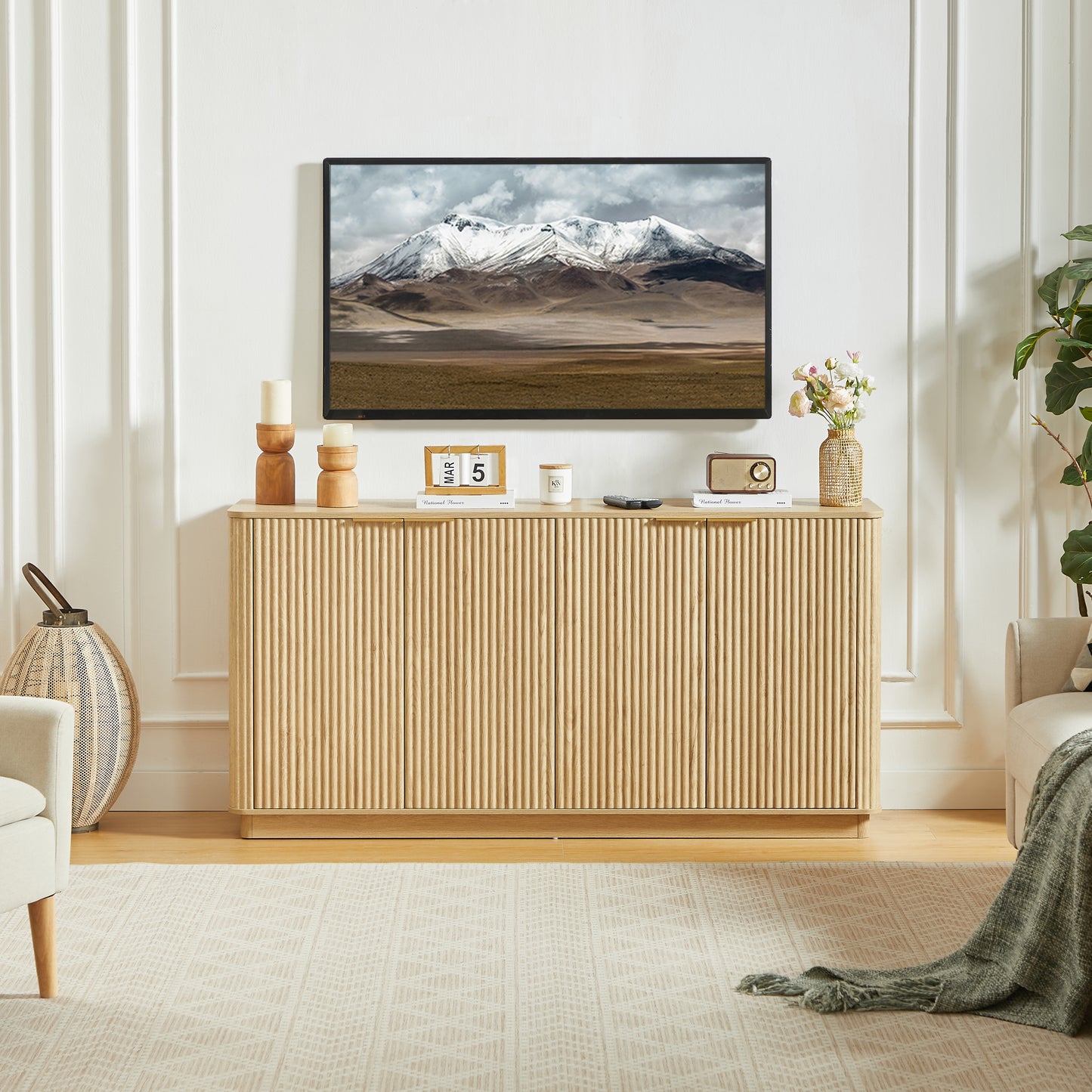 63  Vertical Stripe Buffet Cabinet Sideboard With Stoarge, Curved Wave Design, TV Stand, For Bedroom, Living Room, Hallway, Oak,63 W X 15.75 D X 31.5 H.