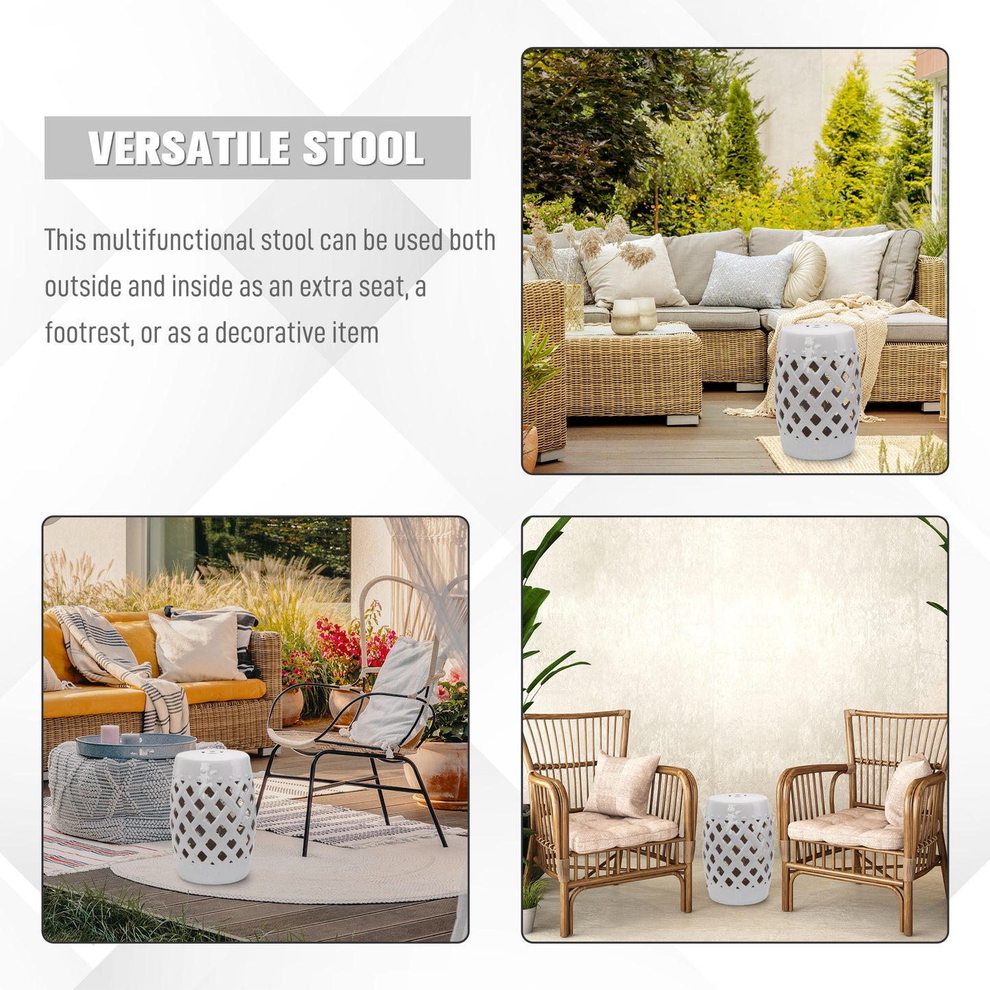 13" X 18" Ceramic Garden Stool With Woven Lattice Design & Glazed Strong Materials Decorative Outdoor Stool, White
