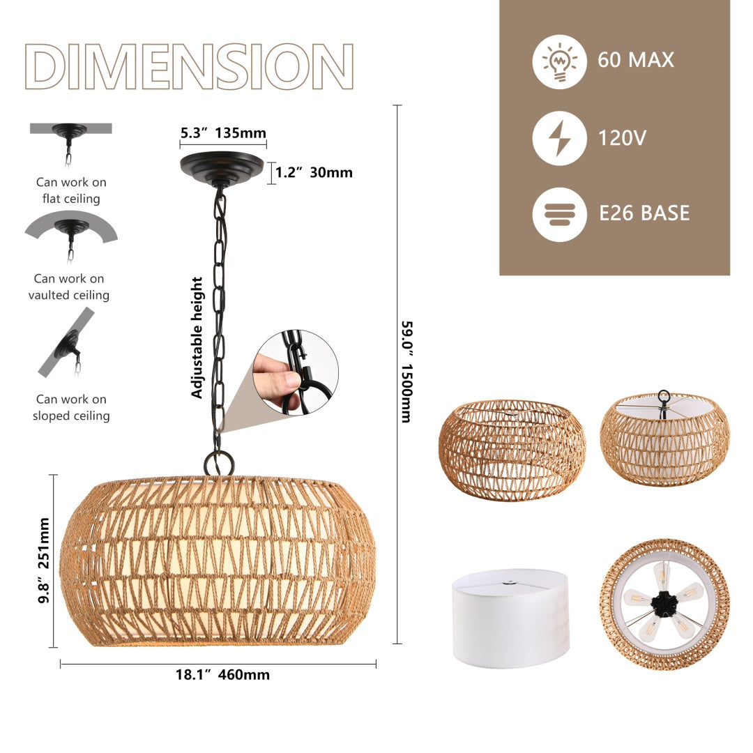 18   Farmhouse Pendant Light With Adjustable Height, Boho Woven Jute Rope Hanging Ceiling Light Fixture, E26 Base, 60W Max, Compatible With Flat, Vaulted, And Sloped Ceil   Bulb Not Included