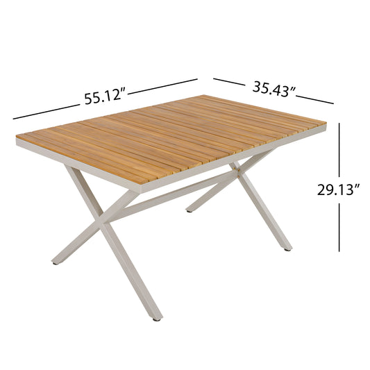 Outdoor 7-Piece Dining Set - Rectangular Teak Wood Table   6 Wicker Chairs With Cushions, Beige Steel Frame, Teak Finish, Perfect For Patio, Deck, Or Garden