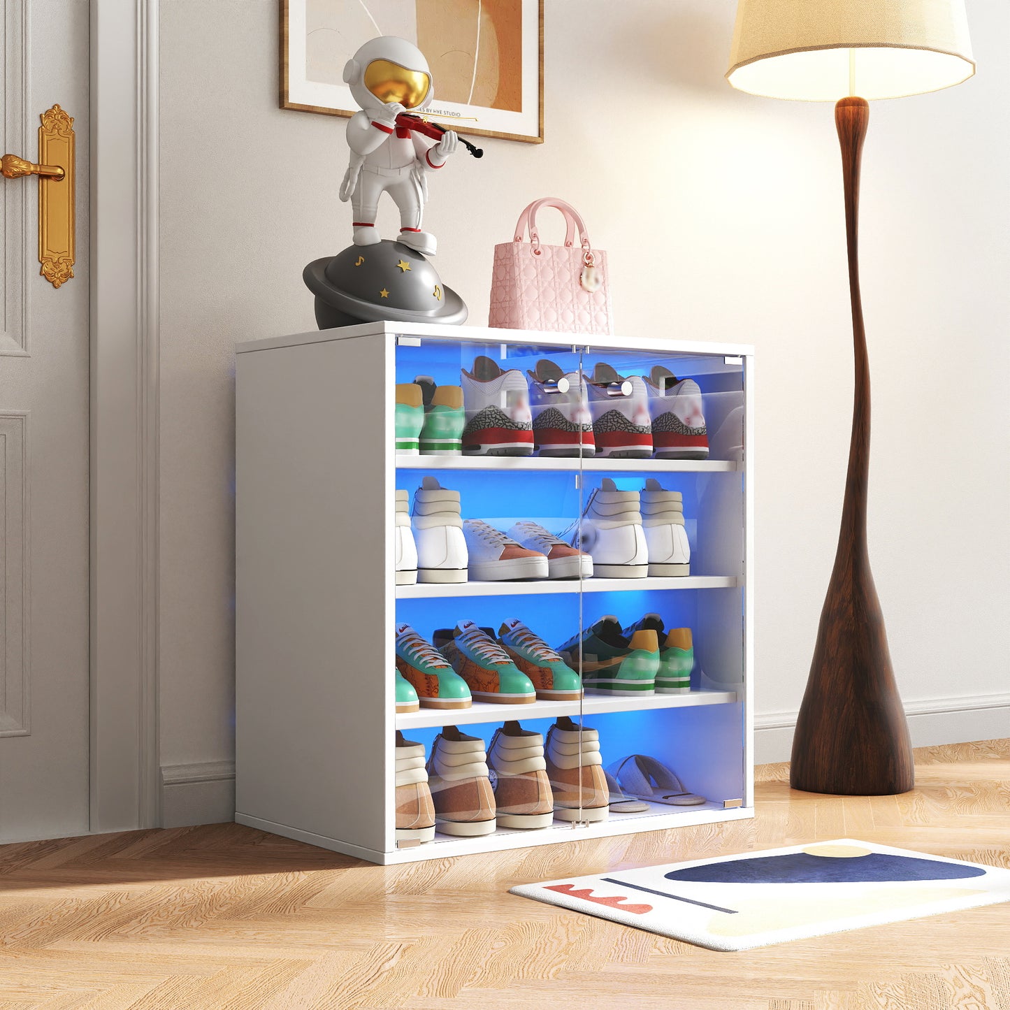 Shoe Box With RGB LED Light, Wooden Stackable Shoe Storage Box With Glass Door, Shoe Storage Bin Shoe Display Case For Sneakers 4 Tier-1