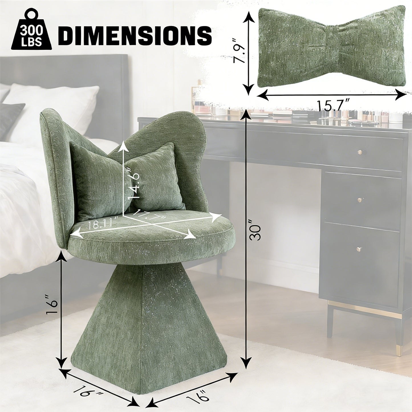 Vanity Chair With Butterfly Back,Swivel Accent Chair Dining Chairs,Makeup Stool For Bedroom Dressing Table,Suitable For Living Room,Dining Room,Study,Recreational Areas Green