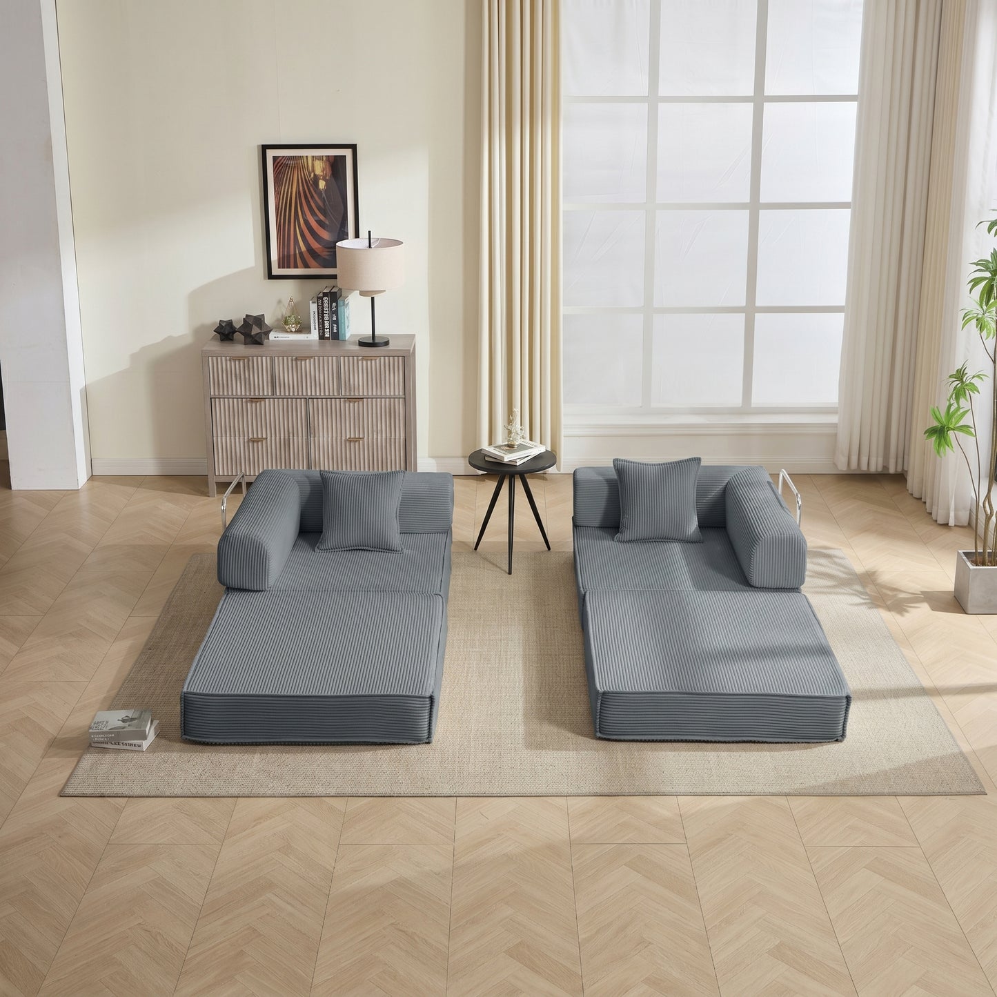 78  Convertible Sofa Bed, Modular Corduroy Couch With 2 Pillows, Space-Saving Compressed Floor Sofa, Ideal For Living Room, Bedroom, Apartment,Grey.