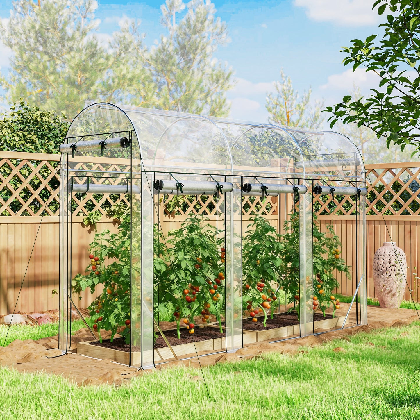 Walk-in Tunnel Greenhouse, Hoop House Greenhouse With 8 Roll-Up Doors, 10' X 3' X 6.5', Clear