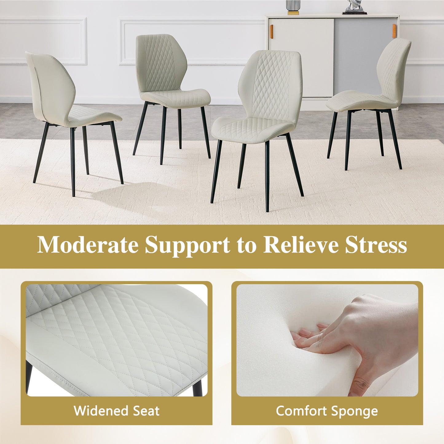 Set Of 4 Modern Light Luxury Light Gray Diamond-quilted PU Chairs With Black Metal Legs. Suitable As Upholstered Dining Chairs With Backrests For Dining Rooms, Adaptable To A Wide Range Of Scenarios.