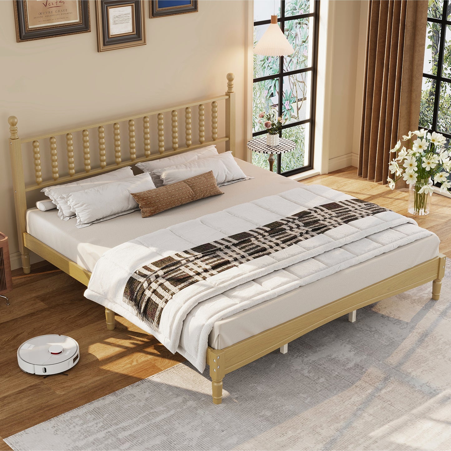 King Size Wood Platform Bed With Gourd Shaped Headboard,Retro Style Platform Bed With Wooden Slat Support,Natural