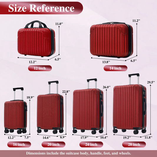 6-Piece Luggage Set, Durable Hardshell ABS Suitcase With Spinner Wheels, TSA Lock, Side Hooks, Lightweight Carry-On & Checked Luggage