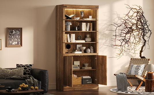 83.4Tall Modern Bookshelf With Doors, Farmhouse Bookcase With 3-Tier Adjustable Shelves, Display Shelves With LED Light,Large Storage Cabinet For Living Room,Home Office, Walnut