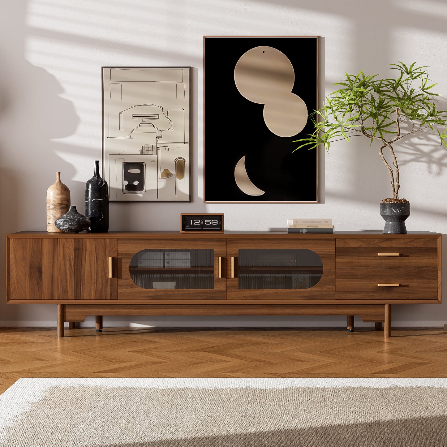 78inch TV Stand For TVs Up To 85, Modern TV Cabinet With Fluted Glass Doors  2 Drawers, For Living Room, Entertainment Center With Cable Management, Solid Wood Legs